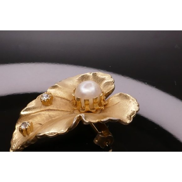 Gorgeous Vintage Leaf Brooch With Pearl & Rhinestones - Picture 4 of 8